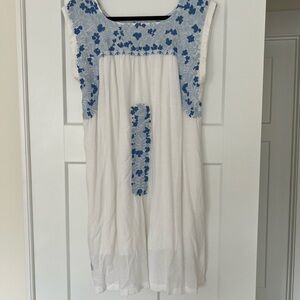 White Mini Dress with Blue Embroidery